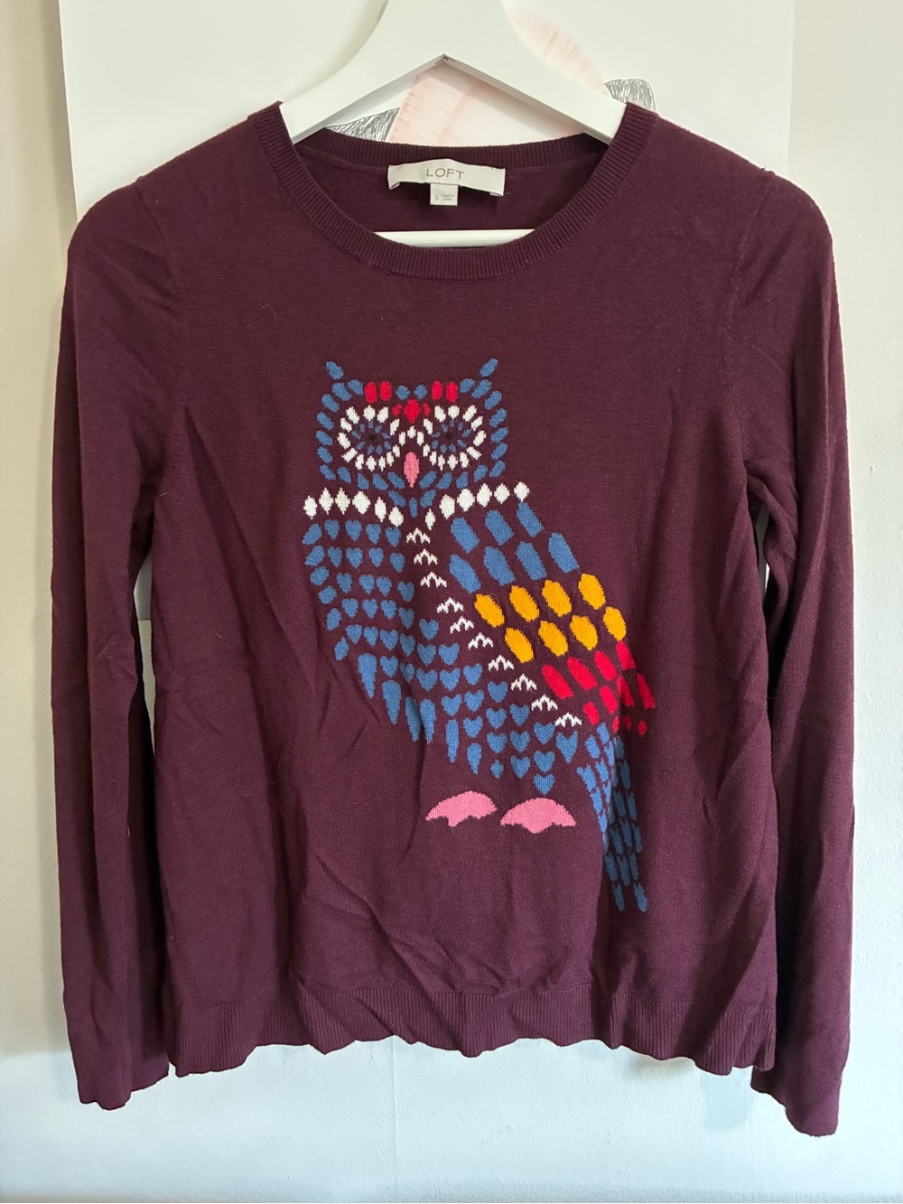 LOFT Plum Sweater with Colorful Owl Intarsia